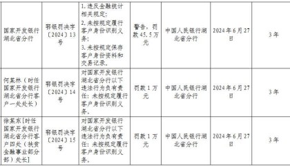 国家开发银行湖北省分行被罚45.5万元：未按规定保存客户身份资料和交易记录等