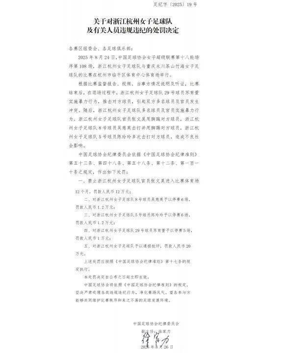 中国足协重罚“女足赛场冲突”,多人被禁赛、罚款